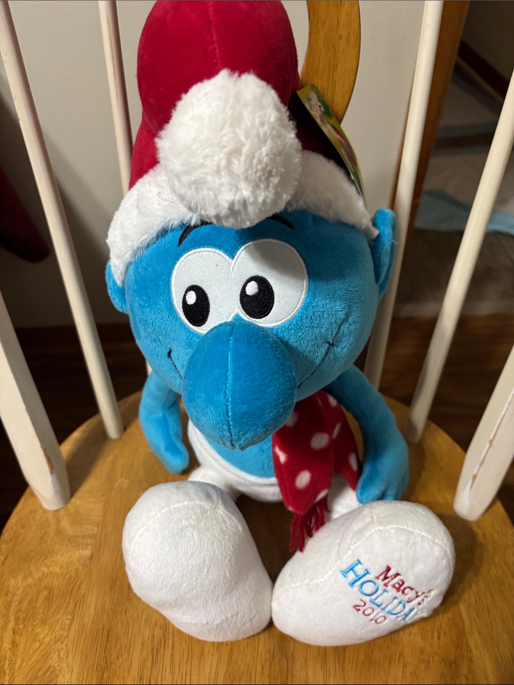 Macy's Blue Smurf Holiday Plush with Red Santa Hat